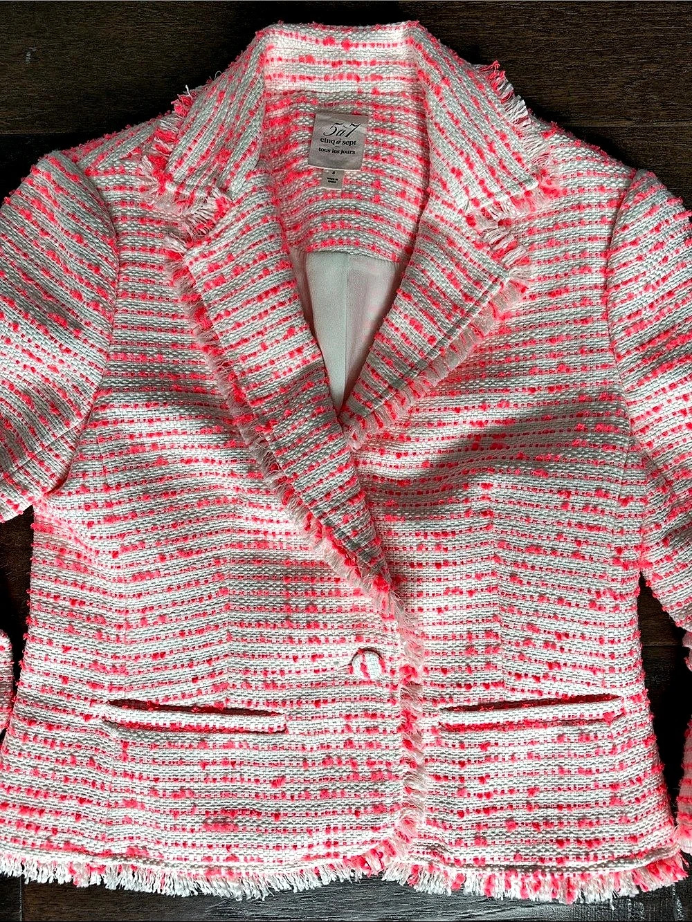 Cinq a Sept 5à7 tweed Khloe  petite blazer  neon coral & ivory Size 4
